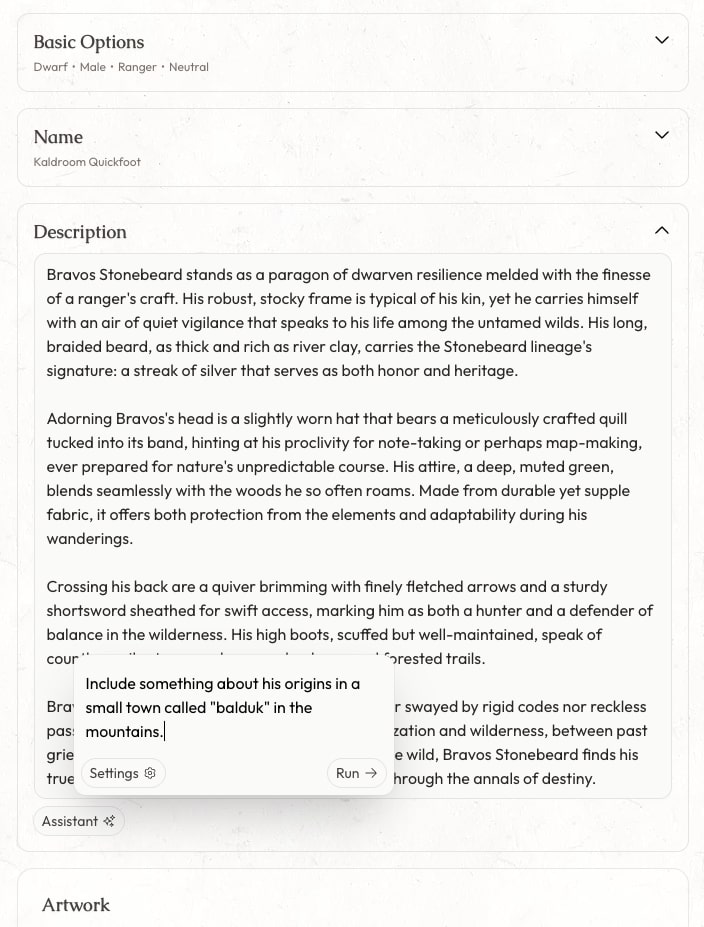 AI assistant helping with character creation